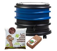 WORMbox | Lombricomposteur 2 Plateaux Bleu + 250gr de vers de Compost + 1 Bloc Coco | 32 litres | Compostez Vos déchets organiques, Les vers de Terre/lombrics produisent du lombricompost