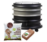 WORMbox | Lombricomposteur 2 Plateaux Gris + 250gr de vers de Compost + 1 Bloc Coco | 32 litres | Compostez Vos déchets organiques, Les vers de Terre/lombrics produisent du lombricompost