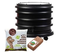 WORMbox | Lombricomposteur 2 Plateaux Noir + 500gr de vers de Compost + 1 Bloc Coco | 32 litres | Compostez Vos déchets organiques, Les vers de Terre/lombrics produisent du lombricompost