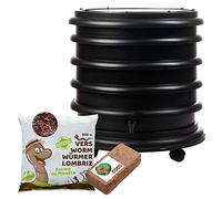 WORMbox | Lombricomposteur 3 Plateaux Noir + 250gr de vers de Compost + 1 Bloc Coco | 48 litres | Compostez Vos déchets organiques, Les vers de Terre/lombrics produisent du lombricompost