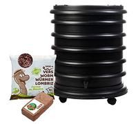 WORMbox | Lombricomposteur 4 Plateaux Noir + 500gr de vers de Compost + 1 Bloc Coco | 64 litres | Compostez Vos déchets organiques, Les vers de Terre/lombrics produisent du lombricompost