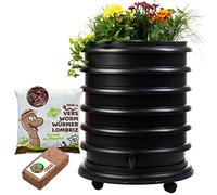 WORMbox | Lombricomposteur 4 Plateaux Noir + Jardinière + 1kg de vers de Compost + 1 Bloc Coco | 64 litres | Compostez Vos déchets organiques, lombrics/lombricompost