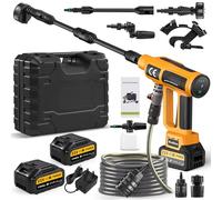Worshow Nettoyeur Haute Pression sans Fil, Nettoyeur Haute Pression Portable 21V 200Bar avec 2 x 3000mAh Batteries, 6 en 1 Buse de Pulvérisation & 5m Tuyau pour Nettoyer Sols Voitures Jardins, Jaune