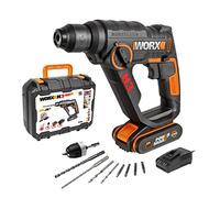 WORX Perceuse à percussion - WX390 SDS-plus - Perceuse 20V avec système de martelage pneumatique pour visser, percer et marteler - Energie de frappe 1,2 Joule - Avec batterie 2,0Ah Li-Ion, chargeur et