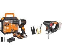 WORX - PACK ESSENTIEL BRICO - Perceuse Visseuse Brushless - ⌀13mm 60Nm + Scie Sauteuse/Sabre sans Fil 20V - ⌀50 mm - WX102 & WX550.9 (Livré avec 2 Batteries et Chargeur)