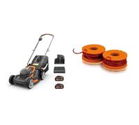 WORX - Tondeuse à Gazon sans Fil 2 * 20V - 2Ah - Tondeuse à Gazon Réglable - Coupe jusqu'aux Bordure & Lot de 2 Bobines de Fil - Coupe de 3m - Compatible avec Les Débroussailleuses
