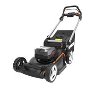 WORX Tondeuse à Gazon tractée Brushless sans Fil 40V WG749E, jusqu'à 500m² sur Une Charge, diam. 46cm, Coupe jusqu'aux Bordures, Sac de 55 L, Mulching, livée avec 2 Batteries 4Ah et Chargeur