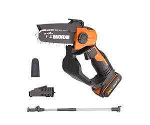 WORX Tronçonneuse Sans Fil WG324E.1 20V Max guide 5"/12cm avec Perche 125cm | Réglage Sans Outil Mini-tronçonneuse/Élagueuse,Perche Télescopique,PowerShare 2.0Ah Batterie et Chargeur Inclus pour Élagage