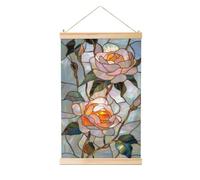 Woshuwo Vitrail roses en fleurs avec feuilles vertes peinture à suspendre en lin, art mural en lin, œuvre d'art moderne, décoration de ferme, 40 x 60 cm