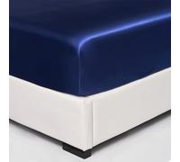 Wotcsil Drap Housse Satin 160 x 200 cm Bleu Marine Grand Bonnet 30 cm Drap de lit Soie en Satin de Polyester Drap-Housse Satiné Solide Uni pour Matelas Épais