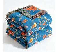 Wotcsil Plaid Canapé en Coton Bleu Orange Oiseaux Floral Couverture Jeté Canapé Boho Réversible Couvre Lit Fauteuil Dessus Grande Taille Bohème, 150x200cm
