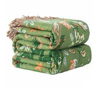 Wotcsil Plaid Coton Canapé Grande Taille 150x200cm Dessus Jeté de Canapé Vert Clair à Motif Floral Couverture Couvre pour Lit Fauteuil avec Franges