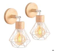 WOTTES Lot de 2 Appliques Murales Industrielles Design Cage en Métal et Bois Rétro Lampe Murale Blanc pour Chambre Salon, Ø16CM