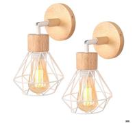 WOTTES Lot de 4 Appliques Murales Industrielles Design Cage en Métal et Bois Rétro Lampe Murale Blanc pour Chambre Salon, Ø16CM