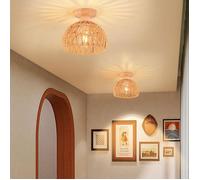 WOTTES Plafonnier Vintage Industrielle, E27 Lampe de Plafond Bois Rétro, Ø20cm Abat-jour Cage en Corde de Chanvre curry, 2PCS