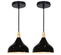 WOTTES Suspension Rétro Métal Industriel Suspension E27 Réglable Corde Bois Aluminium Abat-Jour Pour Salon Cuisine Salle À Manger Chambre (Ampoule Non Incluse) (2 pack le noir)