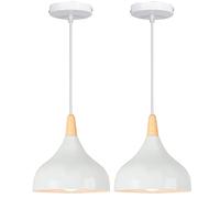 WOTTES Suspension Rétro Métal Industriel Suspension E27 Réglable Corde Bois Aluminium Abat-Jour Pour Salon Cuisine Salle À Manger Chambre (Ampoule Non Incluse) (2 pack blanc)