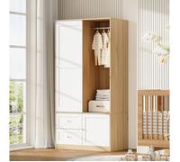 WOVREO Armoire de chambre 90 x 50 x 180 cm avec porte coulissante, tringle, 2 tiroirs, blanc et bois naturel