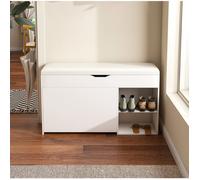 WOVREO Banc à chaussures 100 x 30 x 52 cm avec assise, couvercle relevable et rangement, MDF blanc