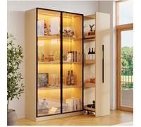 WOVREO Bibliothèque vitrine 110,5 x 35 x 160 cm avec LED, rangement latéral extractible en MDF décor chêne