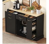 WOVREO Buffet bas 133,5 x 40 x 86 cm noir en MDF, 3 tiroirs, 3 portes, étagère latérale et compartiment poubelle