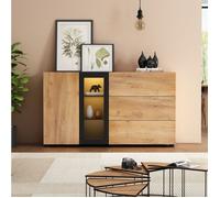 WOVREO Buffet bas 140 x 40 x 80 cm avec 1 porte, 3 tiroirs, étagères en verre, LED RGB noir et marron