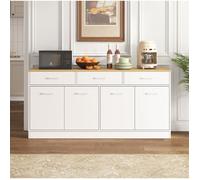 WOVREO Buffet de cuisine 160 cm avec 3 tiroirs, 4 portes, étagères réglables, plan de travail aspect bois, blanc