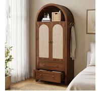 WOVREO Buffet haut 80x40x180 cm en MDF noyer, 2 portes effet rotin, 2 tiroirs, niche ouverte, style arche