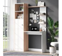 WOVREO Bureau droit avec bibliothèque intégrée et placard, 123,5 x 45 x 168,5 cm, blanc et décor bois