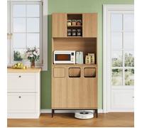 WOVREO Colonne de cuisine 80x35x181 cm avec tri sélectif 3 compartiments, niche micro-ondes, décor chêne
