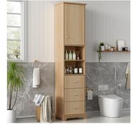WOVREO Colonne de salle de bain 40x30x172 cm en MDF, 3 tiroirs, 1 porte, 2 niches, bois naturel