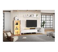 WOVREO Ensemble mural TV 3 pièces blanc brillant avec LED, meuble TV 170 cm, colonne et étagère murale