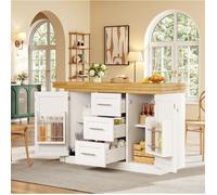 WOVREO îlot central de cuisine extensible 120-197 cm avec plateaux pivotants 360°, rangement, MDF blanc