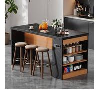 WOVREO Îlot de cuisine 155 x 80 x 90 cm avec LED, prises 2xAC + 2xUSB, plan de travail 40 mm, noir et bois naturel