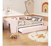WOVREO lit combiné enfant 90x200 cm avec lit gigogne 90x180, bureau intégré et 3 étagères, rose