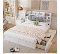 WOVREO Lit double 160 x 200 cm avec tête de lit rangement, étagères ouvertes, porte abattante, 3 tiroirs, blanc et gris