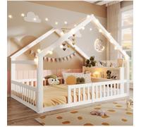 WOVREO Lit enfant cabane 140 x 190 cm avec barrières, étagères latérales, guirlande lumineuse, blanc