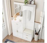 WOVREO Meuble d’entrée compact avec miroir, banc à chaussures, 3 portes, 1 tiroir, blanc 110 x 33 x 185,5 cm
