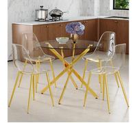 WOVREO set table et 4 chaises de salle à manger, table ronde 88 cm en verre trempé, transparent et doré