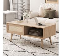 WOVREO table basse 105 x 55 x 41,5 cm avec porte coulissante en cannage, rangement ouvert, bois naturel