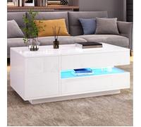 WOVREO Table basse relevable 95 x 50 x 40 cm blanc brillant avec LED, 1 tiroir, 1 placard et rangement caché