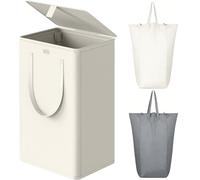 WOWLIVE Grand panier à linge pliable de 100 l avec couvercle, avec 2 sacs et poignées amovibles, grand panier à linge sale pliable pour buanderie, salle de bain, dortoir (beige)