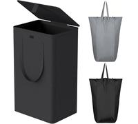 WOWLIVE Grand panier à linge pliable de 100 l avec couvercle, avec 2 sacs et poignées amovibles, grand panier à linge sale pliable pour buanderie, salle de bain, dortoir (noir)