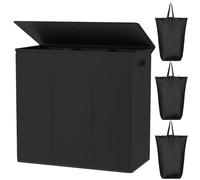 WOWLIVE Panier à linge de 180 l avec couvercle en 3 parties, grand panier à linge avec sacs et poignées amovibles, panier à linge sale pliable pour linge, dortoir, noir
