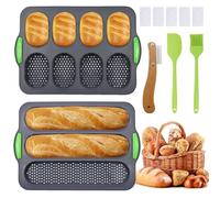 WPPQWP Lot de 2 moules à baguettes en silicone et à petits pains - Plaque de cuisson anti-adhésive avec spatule, pinceau et couteau à boulanger