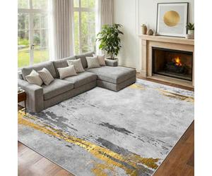 WQMMD Salon Tapis Lavable en Machine 200x300cm Grand Moderne Design Abstrait, Anti Derapant Poil Court Tapis pour Salon, Salle à Manger, Bureau à Domicile(Gris/Or)