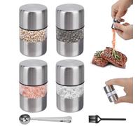 WRENYZK Lot de 4 mini moulins à sel et à poivre, petite salière pour les déplacements avec cuillère à café et clip pour sac, moulin à poivre et moulin à sel en acier inoxydable pour cuisine, camping