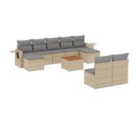 WRJENFSC Ensemble de canapé de jardin 10 pièces en polyrotin beige modulaire avec table en bois d'acacia, tables d'appoint pliables et coussins d'assise pour terrasse, balcon et jardin