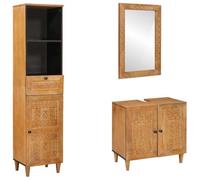 WRJENFSC Ensemble de meubles de salle de bain 3 pièces en bois de manguier massif marron 38 x 33 x 160 cm avec meuble de lavabo miroir et étagère design moderne peu encombrant pour petites salles de