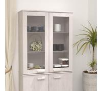 WRJENFSC Hamar Meuble haut blanc en pin massif 85 x 35 x 100 cm avec portes en verre et trois étagères, buffet peu encombrant pour salon, couloir, cuisine, salle à manger ou chambre à coucher